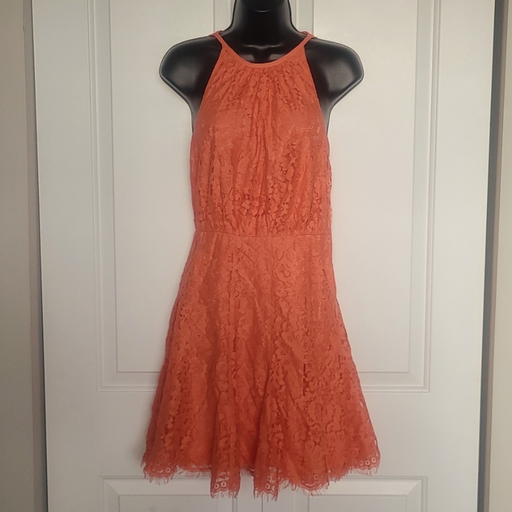 Juicy Couture Coral Scallop Lace Halter Dress SZ 2
